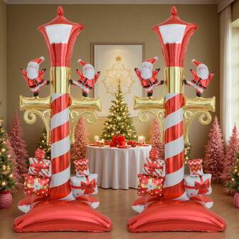 قطعتان من أعمدة الإنارة بشكل سانتا كلوز من البالونات المصنوعة من رقائق الألومنيوم، بالونات رقائق الألومنيوم الزخرفية عالية الجودة ذاتية الإغلاق، لوازم حفلات عيد الميلاد، بالونات عيد الميلاد، بالونات حفلات رأس السنة