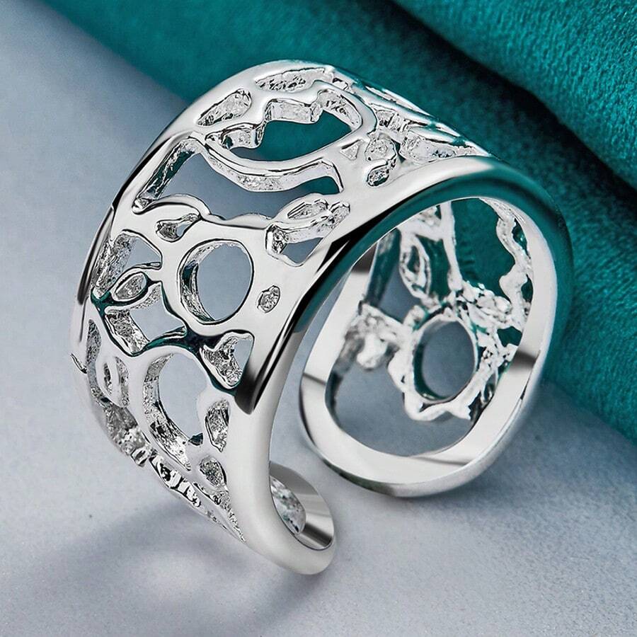 Anillo redondo hueco plateado en plata de ley 925 para mujeres, joyería de moda para boda, compromiso y fiesta - Plateado - Ver 1
