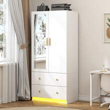 2 Door Wardrobe Closet With Mirror & LED Lights, Bedroom Armoire With Drawers & Shelves, Modern Wooden Armoire Wardrobe Closet With Hanging Rod For Bedroom - White (2Doors) - 查看 2