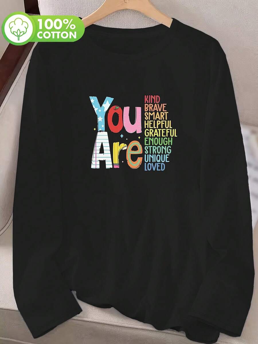 Damen Bekleidung, farbenfrohe Briefkopf-Muster, elegante Damenbekleidung, Langarm-T-Shirts, schwarze Oberteile, 100% reine Baumwolle - Schwarz - Übersicht 1