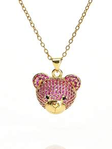 1pc Fashionable Elegant Cute Copper Inlaid Zirconia Bear Pendant Necklace, Jewelry For Women, Suitable For Daily Wear And Party/Holiday Style, Valentine's Day Couple Gift