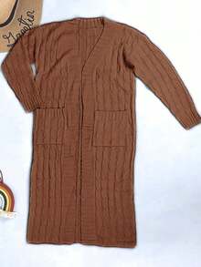 Plus Size Women V-Neck Long Sleeve Solid Color Cable Knit Cardigan, Autumn/Winter - Coffee Brown - View 3