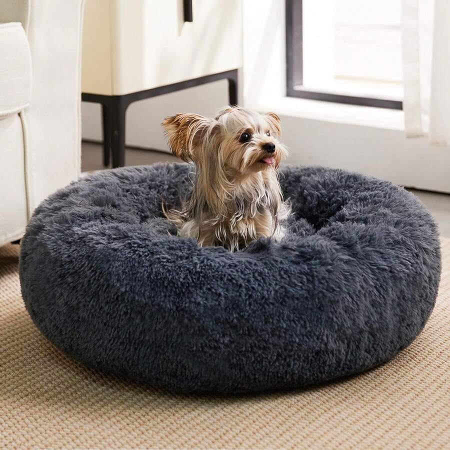 Cozy Self-Warming Faux Fur Donut Cuddler Round Plush Pet Bed (20 X 20 X 8 Inch, Light Pink) - Navy Grey - View 1