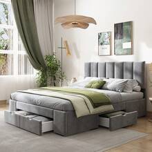 Upholstered Bed 140 X 200 Cm In Velvet, With Slatted Base, With Backrest, With 4 Drawers, Grey - Grey - View 5