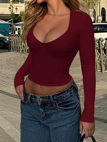 Vaiaye 女士性感修身深V领长袖上衣，纯色针织T恤，适合情人节及春季休闲穿着 - 酒紅色 - 查看 6