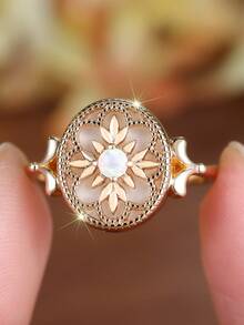 Tsnamer 1枚复古花卉白色玛瑙圆戒指，复古金色订婚戒指，结婚首饰 - 戒指 - 查看 5