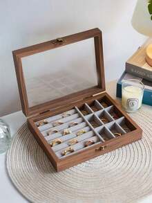 胡桃木首饰盒，带透明窗口，内衬天鹅绒首饰托盘，女士首饰收纳盒，项链戒指耳环展示托盘，大容量首饰整理盒，可收纳项链、手链、戒指、耳环、口红及其他配饰，送给女孩的礼物，旅行礼物 - 胡桃木開窗首飾盒 - 查看 20