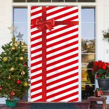 Christmas Door Cover Decoration Creative Diagonal Stripes Letter Large Bow Pattern Holiday Front Door Wrap For Home Party Decor - Red - View 4
