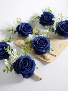 6pcs/1pc Princess Rose Flower With White Baby's Breath And Faux Green Plants, Romantic Boutonniere For Weddings, Parties, Daily Wear Valentine's Day Accessories - Navy Blue - View 3