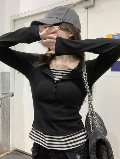 初秋修身拼色条纹拼布纽扣设计休闲T恤女上衣