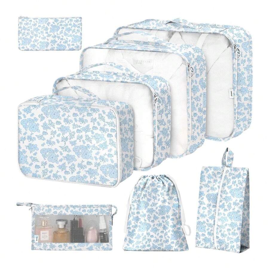 8pcs Travel Organizer Bag Set - Easily Organize Your Clothes, Shoes And Underwear - Perfect For Suitcase And Travel Bag Packing. 8pcs Slogan Pattern Travel Organizer Bags, Portable Design, Including Shoe Bag, Toiletry Bag And Laundry Bag, Suitable For School Supplies, Room Decor, Bedroom Decor, Dorm, Ideal For Students And Teachers. - Multicolor - View 1