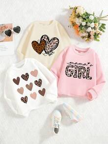 3件套女婴休闲印花圆领套头衫，秋冬款 - 可爱的连帽衫为每个孩子带来欢乐和幸福！豹纹和心形印花 - 杏色 - 查看 3