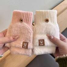 Women's Thick Half Finger Flip-Top Gloves, Cute Winter Cycling Warm Knitted Gloves For Writing And Typing