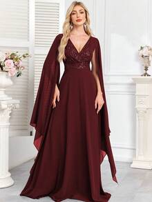 CEILIM 奢华花卉串珠亮片长裙，系带腰身，鱼尾裙摆，优雅正式的派对礼服，适合婚礼宾客、毕业典礼及其他正式场合，春季必备。 - 酒紅色 - 查看 5