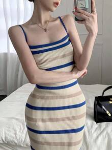 Elegante Vestido de tirantes de Mujer, Vestido sin Mangas, Entallado, Tejido de Rayas - Albaricoque - Ver 10