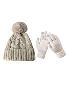 2pcs/Set Winter Knitted Beanie Hat With Thick Lining & Large Brim, Versatile Warm Solid Color Riding & Outdoor Hat And Gloves Set, European And American Style, For Women Winter Gear - Multicolor - View 11