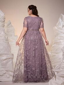 新款Ampoket V领长袖刺绣蕾丝开衩晚礼服，适合舞会、婚礼、派对、婚礼宾客等场合，也可作为晚礼服（非定位款），适合情人节春季穿着。 - 藕粉色 - 查看 2