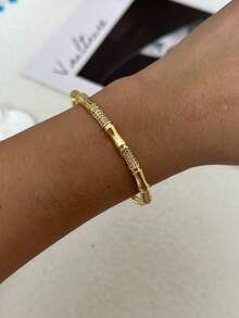 14K Gold Plated Rhinestone Embellished Minimalist Luxury Bamboo Knot Bracelet Set - Gold - View 12