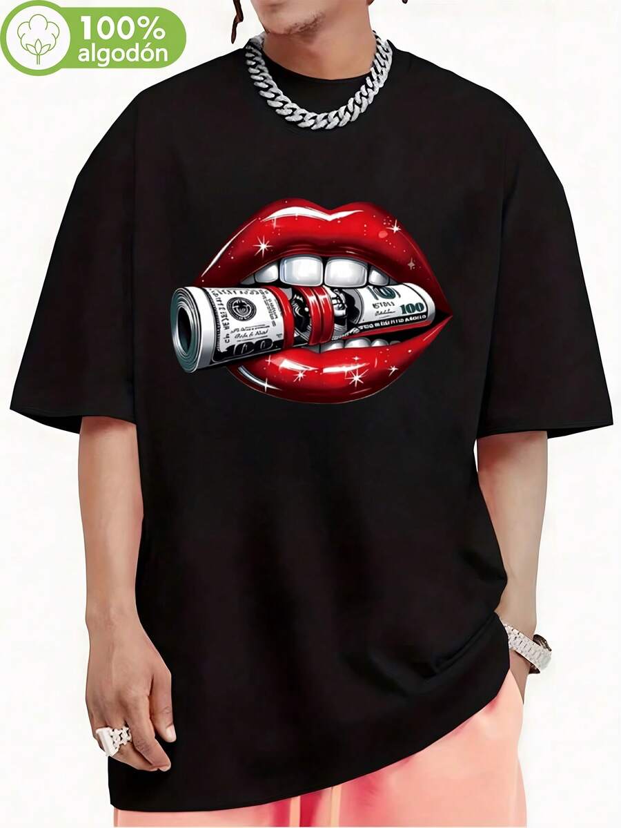 Camiseta para Hombre con Estampado de Labios Rojos y Dinero, 100% Algodón Negro, 180g, Diseño Atractivo, Perfecta para Salidas y Eventos, Suave y de Buena Calidad, Para Hombres que Buscan un Look Impactante,camisas de hombre,ropa de hombre,playera de hombre,navidad,oversize hombre. - Negro - Ver 1