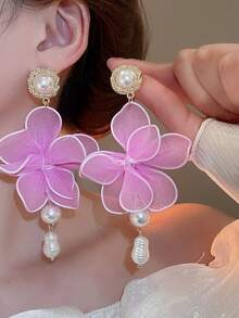 1 Paar übertriebene Blumen Stoff, Perlen & Quasten Ohrringe, süßes & modisches, zierliches, elegantes, schickes Design Ohrringe