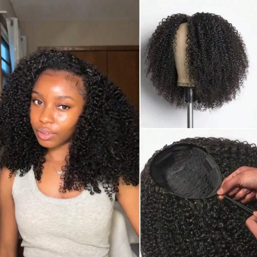 Kinky Curly 3 In 1 Half Wig Drawstring Band Wear Go Wig Invisible Hairline Human Hair Wigs Glueless Put On And Go Beginner Friendly Deep Wave Wigs Human Hair Drawstring Headband Wig For Women - Natural Black - Xem 1
