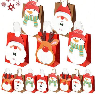 10 件 - 圣诞节 DIY 卡通手提袋、圣诞老人驯鹿卡片纸袋、小糖果 3D 手提袋，非常适合圣诞派对用品和礼品包装、迎婴派对礼品和必需品、派对礼品、圣诞手提袋、散装糖果包装、冬季节日零食礼品和派对物品尺寸：8.6 X 6.3 X 3.2 英寸