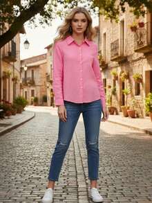 Women's Cotton Linen Blouse Long Sleeves Plus Size - Hồng - Xem 5