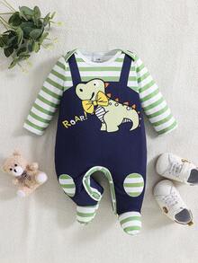 1pc Cute Cartoon Crocodile Print Long Sleeve Footed Jumpsuit For Infant, All Season - Green - View 1