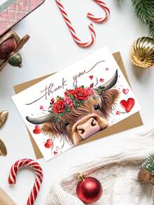 1pc Highland Cow Valentine's Day Thank You Card With Envelope, Cute Scottish Cow Design, Blank Greeting Card For Anniversaries, Weddings & Friendship, Valentine's Gift For Partner, Him, Her And Cow Lovers