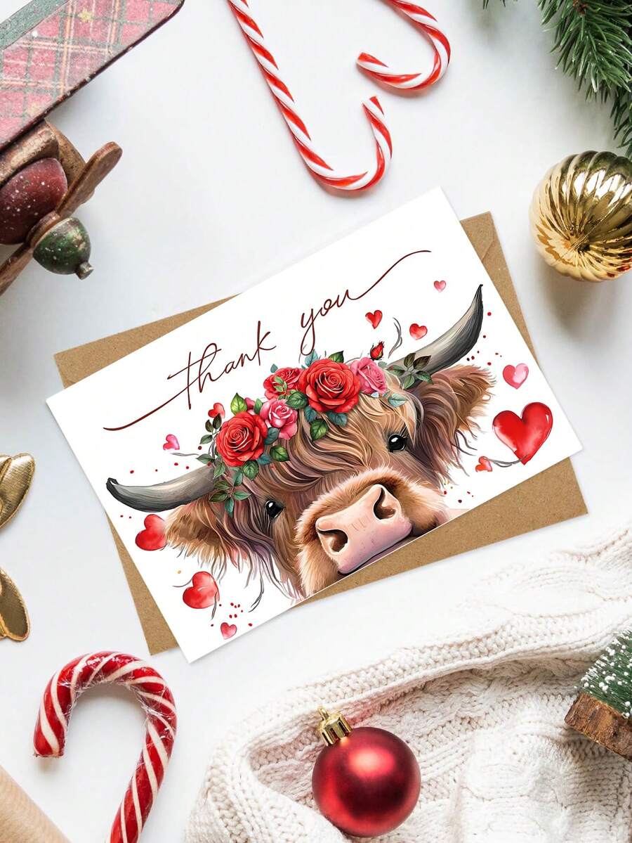 1pc Highland Cow Valentine's Day Thank You Card With Envelope, Cute Scottish Cow Design, Blank Greeting Card For Anniversaries, Weddings & Friendship, Valentine's Gift For Partner, Him, Her And Cow Lovers