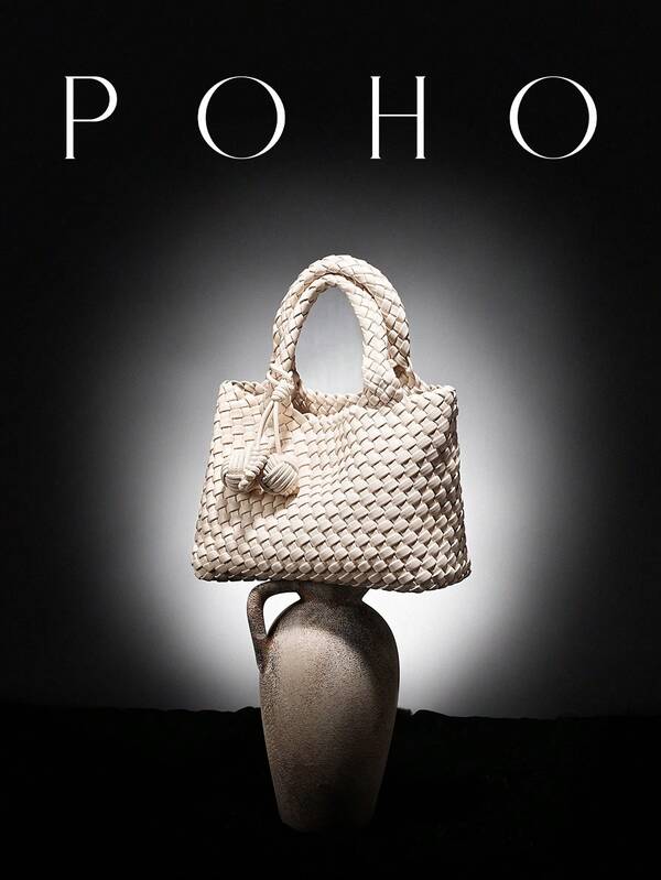 POHO POHO Handmade Woven Tote Bag, Medium Size, Large Capacity, Mother-Daughter Bag - White