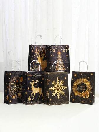 1 件黑色圣诞礼品袋，牛皮纸袋，适合派对、糖果、礼物