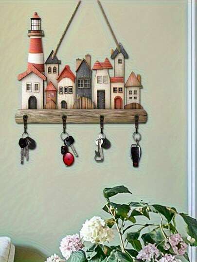 2D Série océan bleu plat Crochet mural en bois avec 4 crochets en métal - Design de style côtier traditionnel, 30 x 24,6 cm, bois d'ingénierie vintage avec finition peinte, montage mural facile, convient pour le porche, la chambre, la villa Thème nautique Décoration d'intérieur côtière