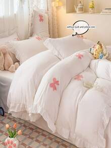 Cut Bow Embroidery Colorful Ruffle Duvet Cover Set, White Bedding Set 3pcs,Including 1 Duvet Cover And 2 Pillowcases, Ultra Soft Breathable Chic Comforter Cover