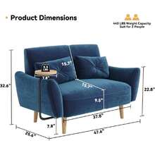 Loveseat Sofa, 47" Velvet Couch For Bedroom, Convertible Wooden Tray & Ergonomic Armrest, For Small Space, Apartment, Living Room, Home Office, Easy Assembly, Blue,24327504 - 藏蓝色 - 查看 2