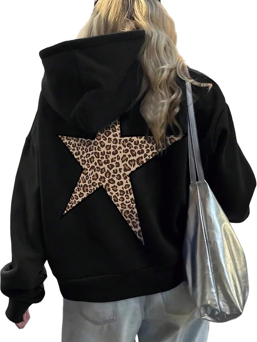 Womens Star Cheetah Print Hoodie Oversized Long Sleeve Fleece Leopard Graphic Hoodies Sweatshirt Pocket Streetwear - màu đen - Xem 1