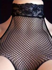 Sexy Black Mesh Jumpsuit, High Stretch Lace Contrast Collar, Hollow Out Chest And Slit Detail Design - Sleeveless, Women's Sexy Jumpsuit, Evening Dress, Date Dress, Sleeveless Jumpsuit, Breathable Fabric, Soft Texture, Women's Lingerie, Fashionable Jumpsuit, Fashion Enthusiast - Black - View 5