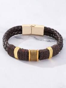 优雅男士双层编织仿皮手链，配金色不锈钢扣 - 时尚黑色编织绳腕带，手工手链 - 星星 - 查看 7