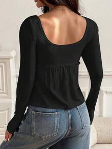 Women Long Sleeve Babydoll Tops Y2k U Neck Button Down Ruffle Shirt Fairycore Slim Solid Color Corset Blouse Tee Basic Fall Winter Pullover Shirt For Daily - Black - View 3