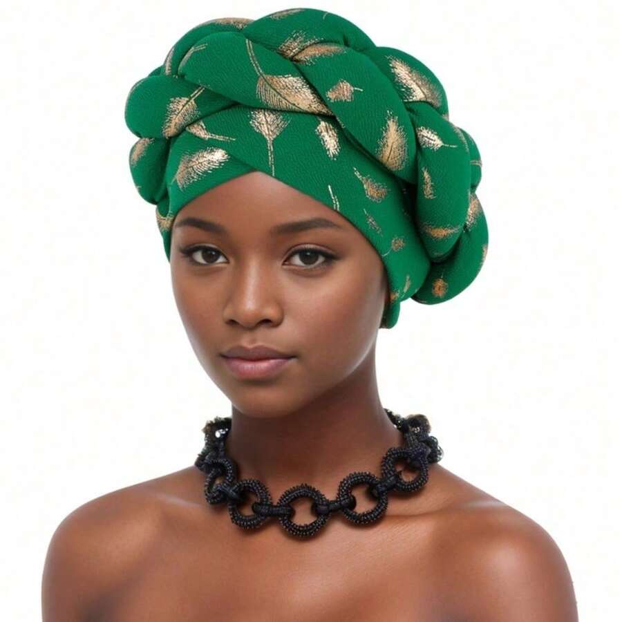 Temsiyin New Bronzing Braided Headgear Headscarf Hat Muslim Hat African Hat - màu xanh lá - Xem 1