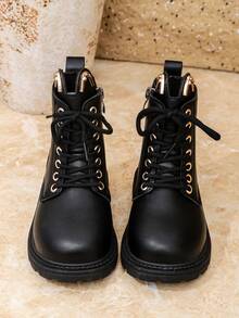 1 Pair Matte Black Mid-Calf Children's Boots, Solid Color Girls' Princess Short Boots, Non-Slip Rubber Soft Sole Increased Height, Gold Eyelets Front Lace-Up Side Zipper Round Toe Soft PU, Suitable For 3-15 Years Old Boys & Girls, Casual, School, Holiday, Travel, Party, Autumn/Winter 2025 New Arrival - Black - View 4