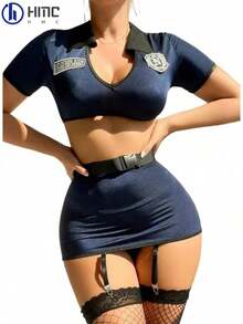 Women  Costume Sexy Cop Halloween Costumes Outfits Cosplay Lingerie Exotic Lingerie Sets With Belt 4 Piece - Màu xanh hải quân - Xem 4