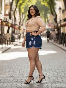 Plus Size Denim Shorts - 藍色 - 查看 4