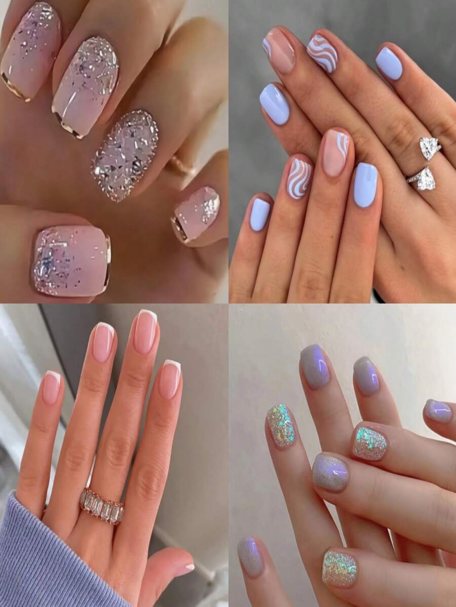 96 Peças Adesivos de Arte de Unhas, Design Francês Simples, Ombré, Glitter, Unhas Postiças Adesivas, Fofas, Brilhantes, Brilhosas, Unhas de Noiva, Unhas Postiças, Adesivos de Unhas, Moda, Formatura, Casamento, Festa, Acabamento Brilhante, Fácil de Aplicar e Remover. Estilos Doces, Elegantes e Luxuosos, Adesivos de Unhas Postiças Destacáveis, Adequados para Feriados, Reuniões - Multicolorido - Visão 1