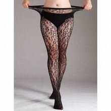 1pc Plus Size High Stretch Leopard Print Fishnet Leggings, Sexy Black Hollow Net Stockings For Halloween Costume, Fashionable - 黑色 - 查看 1