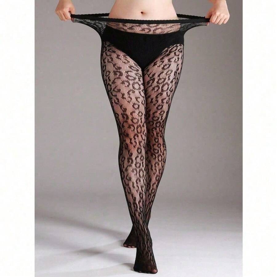 1pc Plus Size High Stretch Leopard Print Fishnet Leggings, Sexy Black Hollow Net Stockings For Halloween Costume, Fashionable - 黑色 - 查看 1