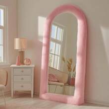 Arched Full Length Mirror Free Standing Shaggy Faux Fur Framed Full Body Floor Mirror Wall Mounted Leaning Hanging Wall For Bedroom Living Room Entrance Hallway, 63"X24",  Pink,24331899 - 粉色 - 查看 1