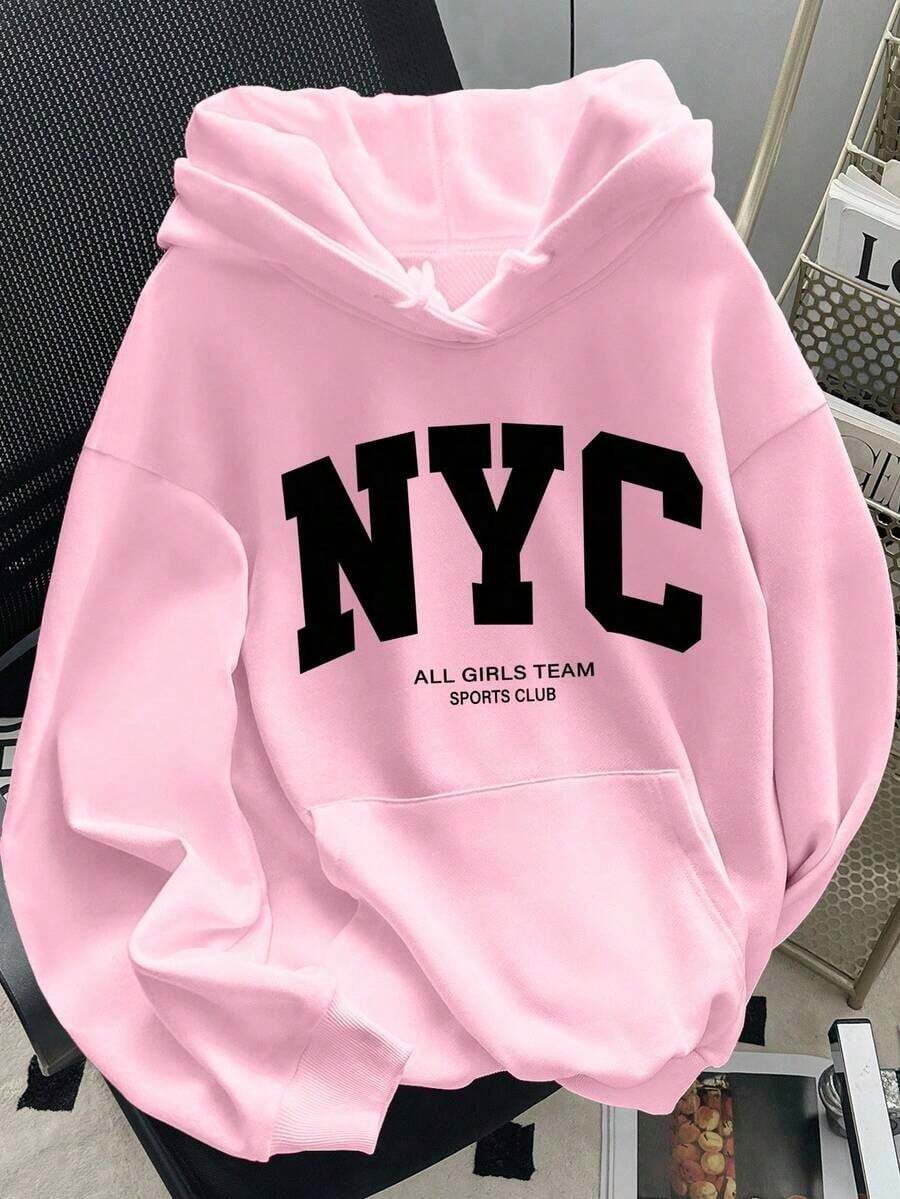 2025 HoodiesWomen's Slogan Print Thermal Lined Casual Loose Fit Hoodie Sweatshirt, Autumn/WinterLoose And Comfortablewinter Clothes For Women - 粉色 - 查看 1