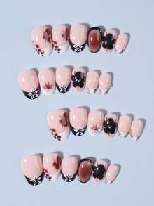 24Pcs/Set Short Oval 3D Gel Flower Brown Gradient Design French Tip Press On Nails Acrylic ,Short Nails ,Decorate With Gold Beads,Include: 1pc Jelly Glue And 1pc Nail File,Very Suitable For Woman Girl Daily Work & Rave Party Use
