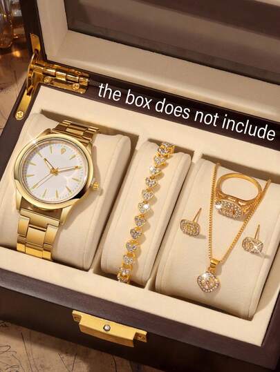 6件套女士石英表套装，包括手链、项链、戒指和耳环，圆形表盘，个性化无刻度设计，固定尺寸表带，适合节日礼物和日常佩戴，不含礼盒。